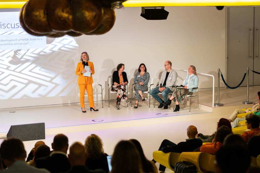 dagvoorzitter met panelleden op podium