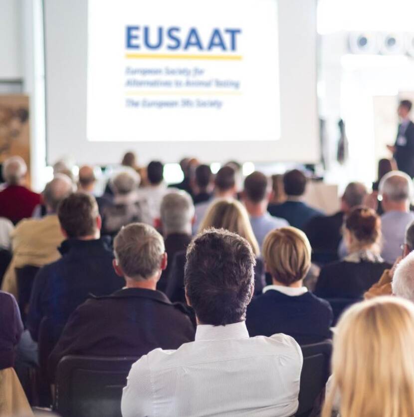 zaal met mensen die naar een scherm op het podium kijken